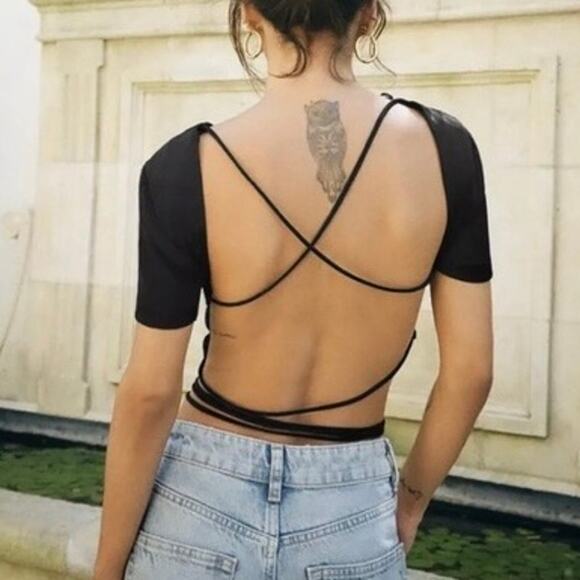 Zara Black Satin Open Back Strappy Criss Cross Crop Top Size XS - Picture 7 of 14